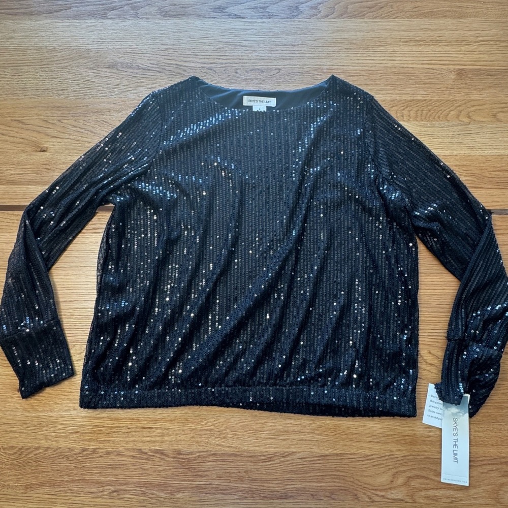 Skye's The Limit Womens Large Black Sequin Long Sleeve Boat Neck Blouse NWT